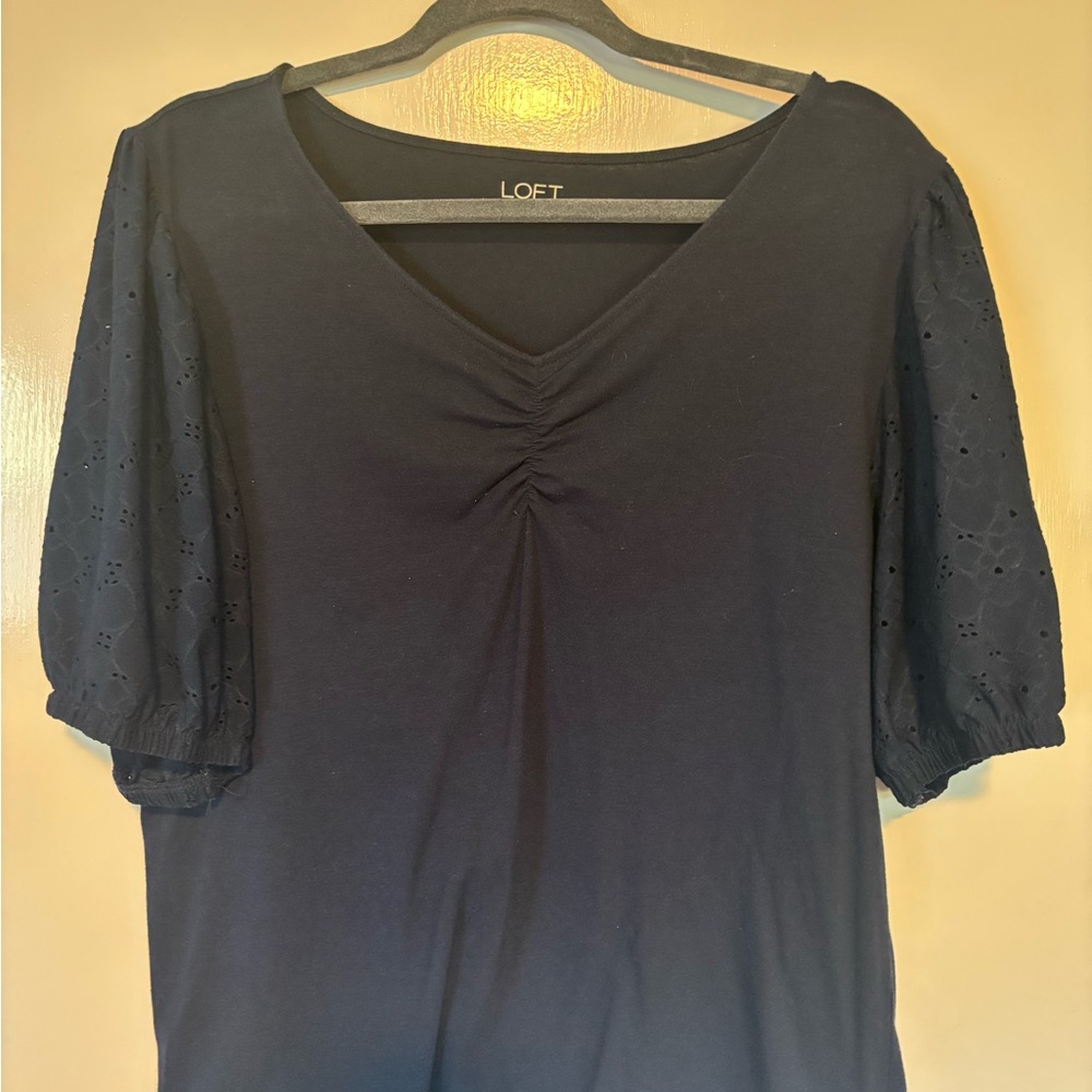 LOFT Navy Blouse with Eyelet Puff Sleeves